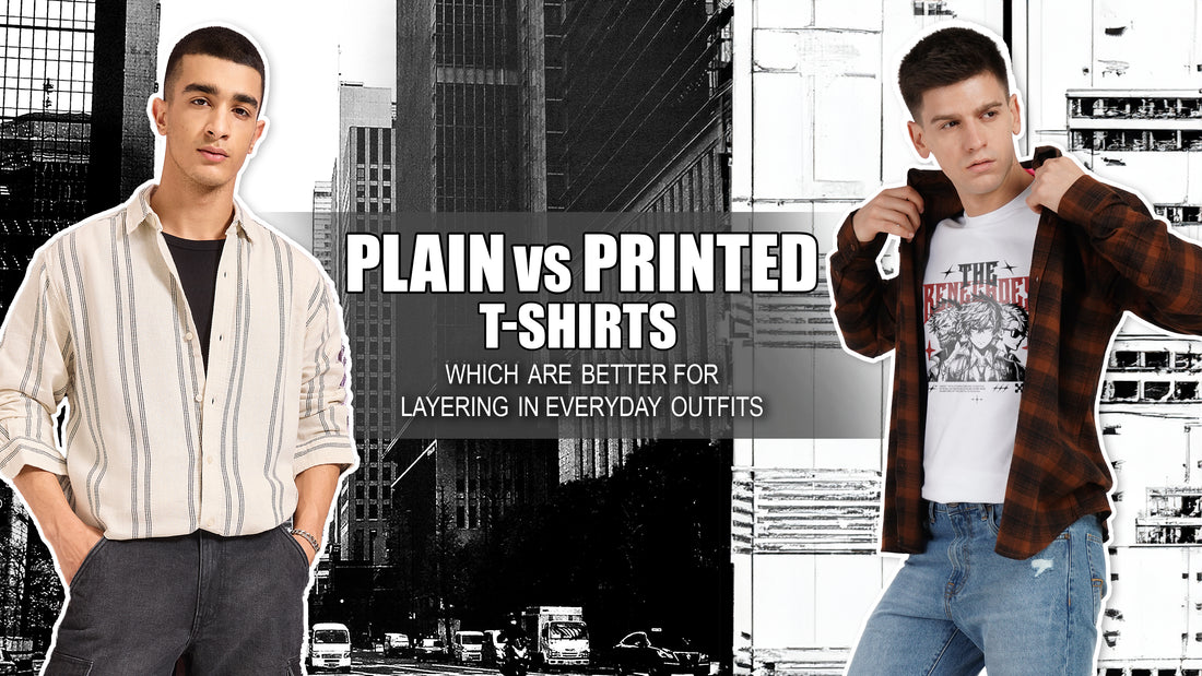 Banner showcasing plain and printed t-shirts for layering in everyday outfits