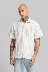 Blue Striped Textured Cuban Collar Shirt Pic 3