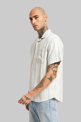 Blue Striped Textured Cuban Collar Shirt Pic 4