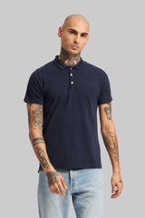 Navy Blue Shoulder Tape Polo T-Shirt Pic 4