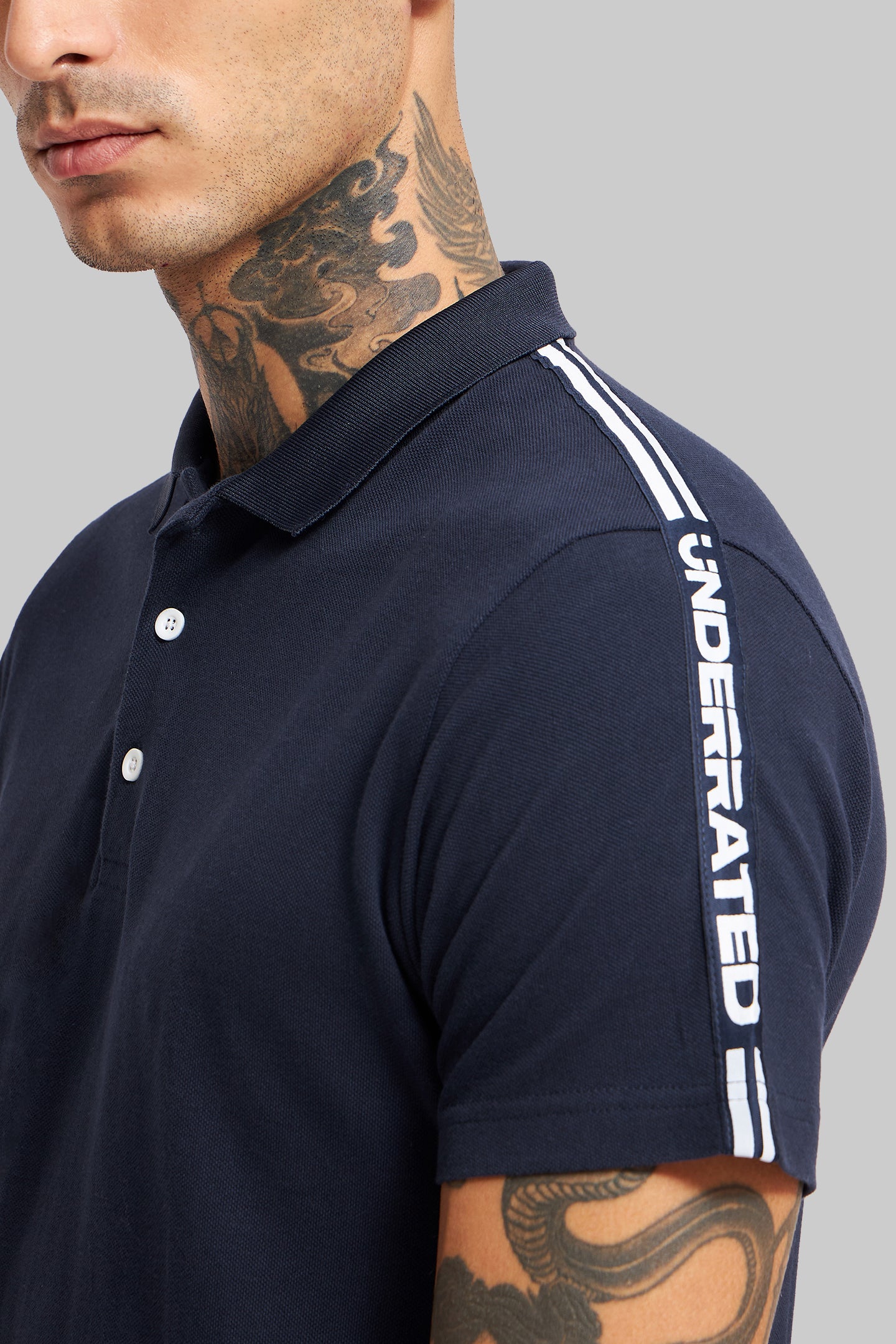 Navy Blue Shoulder Tape Polo T-Shirt Pic 2