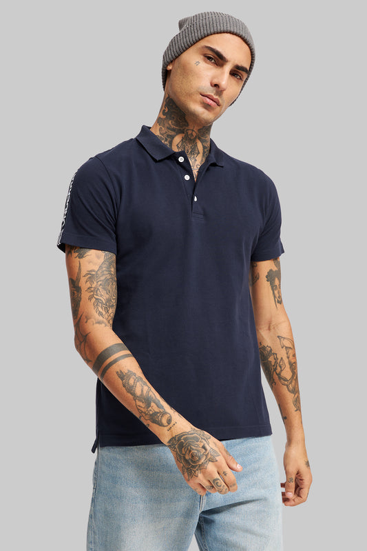 Navy Blue Shoulder Tape Polo T-Shirt Pic 1