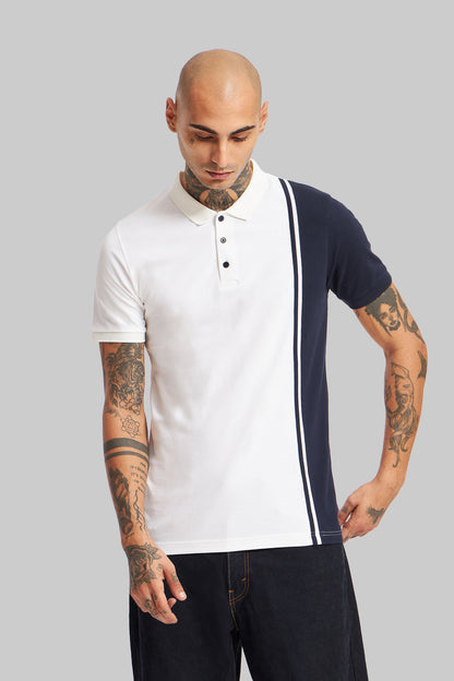 White Colourblocked Polo T-Shirt Pic 4