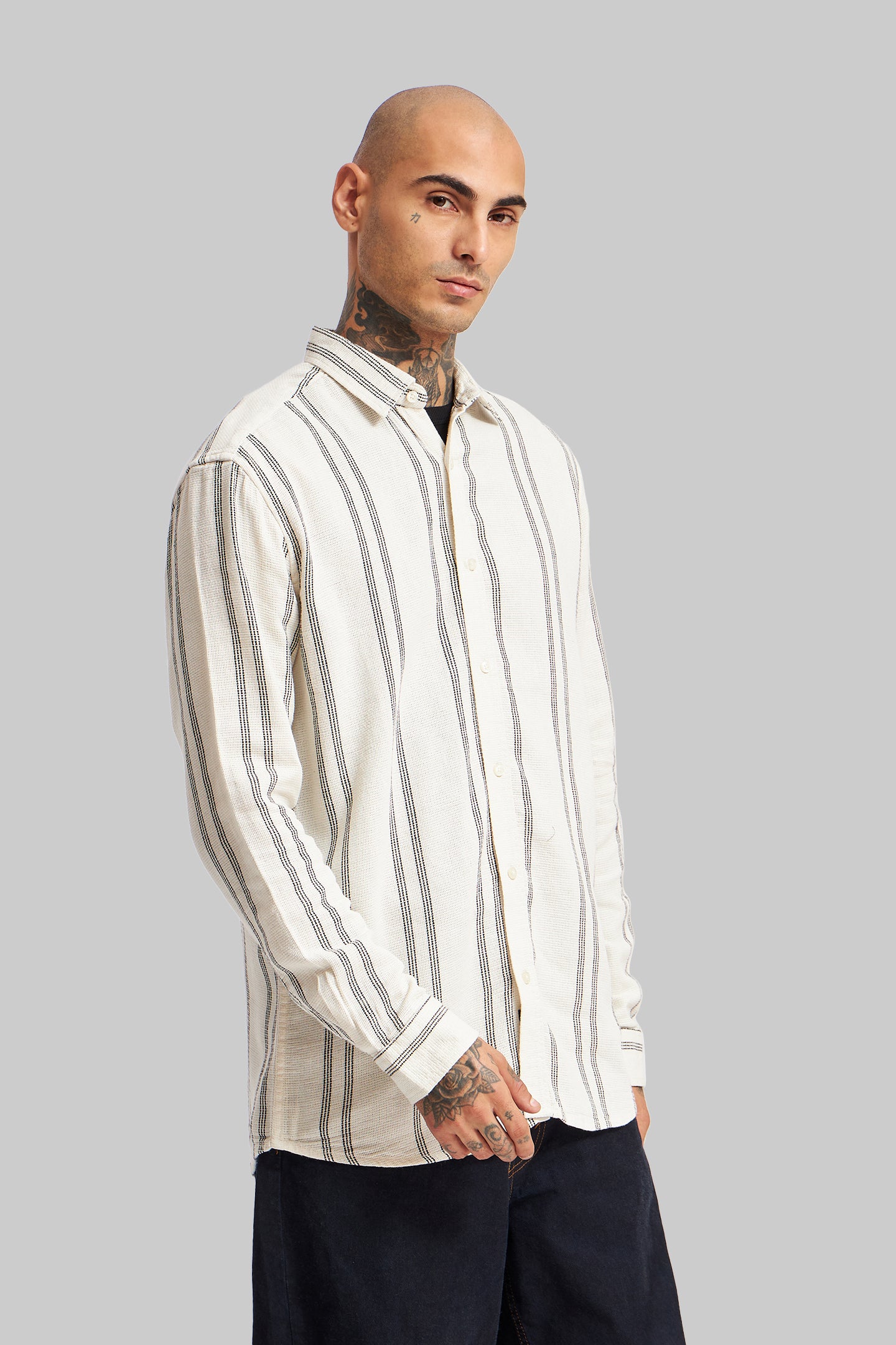 Off White Striped Textured Shirt Pic 3