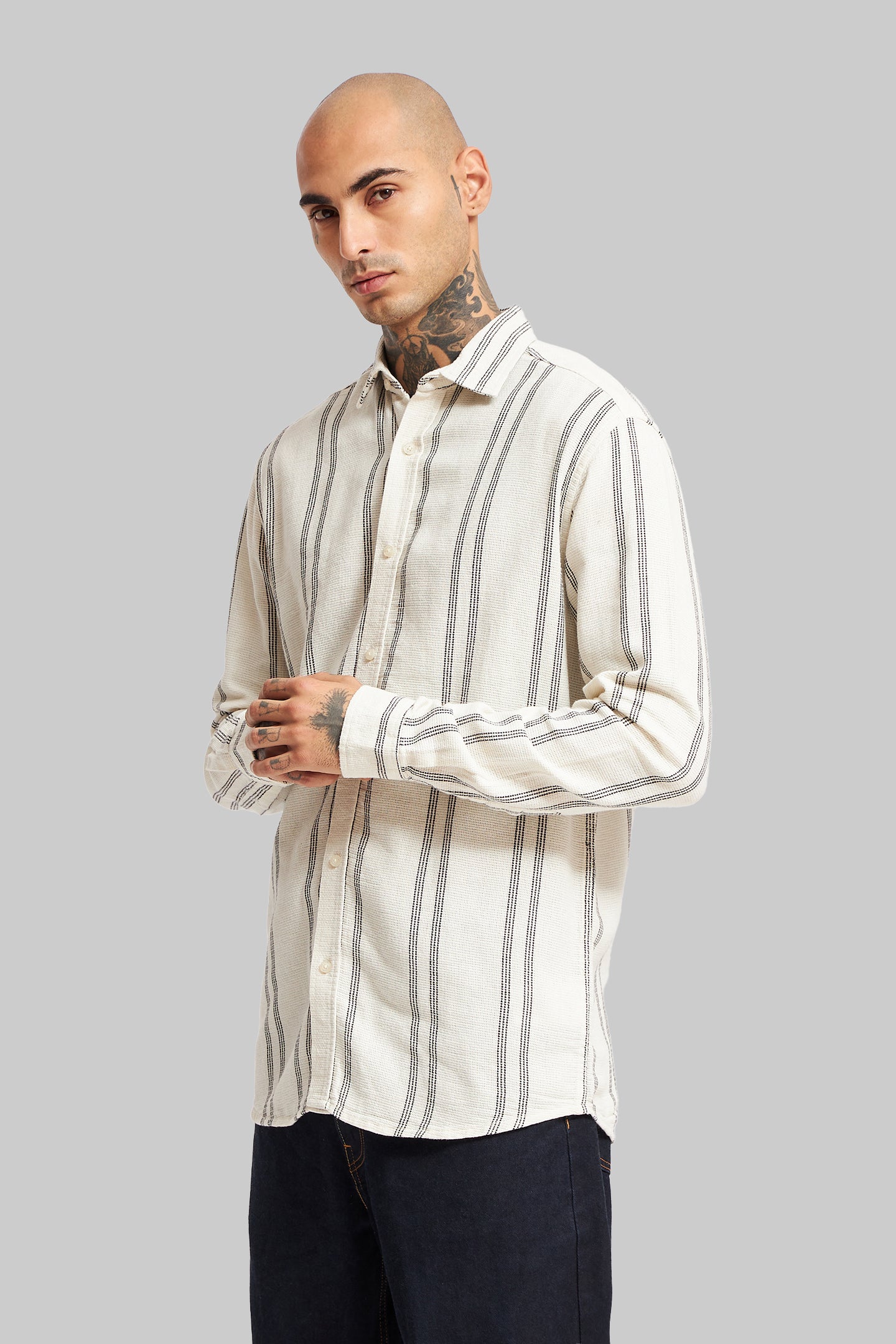 Off White Striped Textured Shirt Pic 4