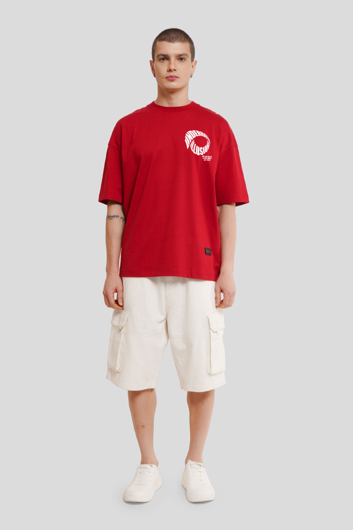 Underrated Illusions Red Printed T Shirt Men Baggy Fit With Front And Back Design Pic 4