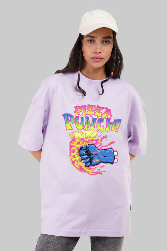 Pizza Punch Lilac Printed T-Shirt Women Baggy Fit With Front Design Pic 1