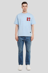 27 Powder Blue Printed T Shirt Men Oversized Fit With Front And Back Design Pic 4