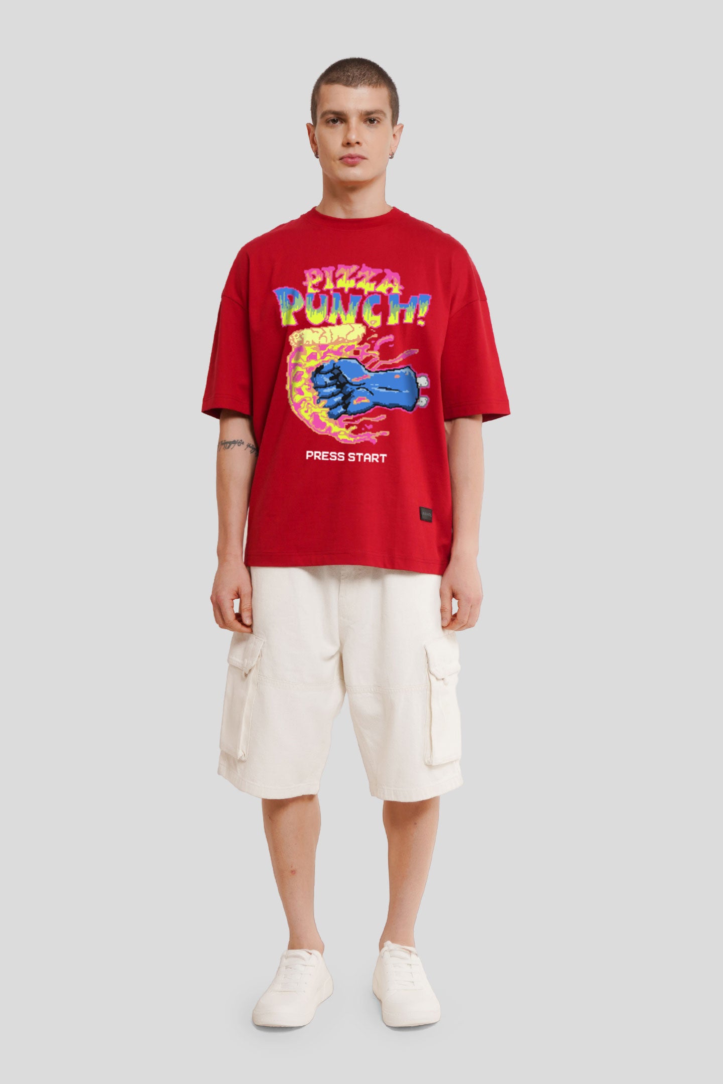 Pizza Punch Red Printed T Shirt Men Baggy Fit With Front Design Pic 2