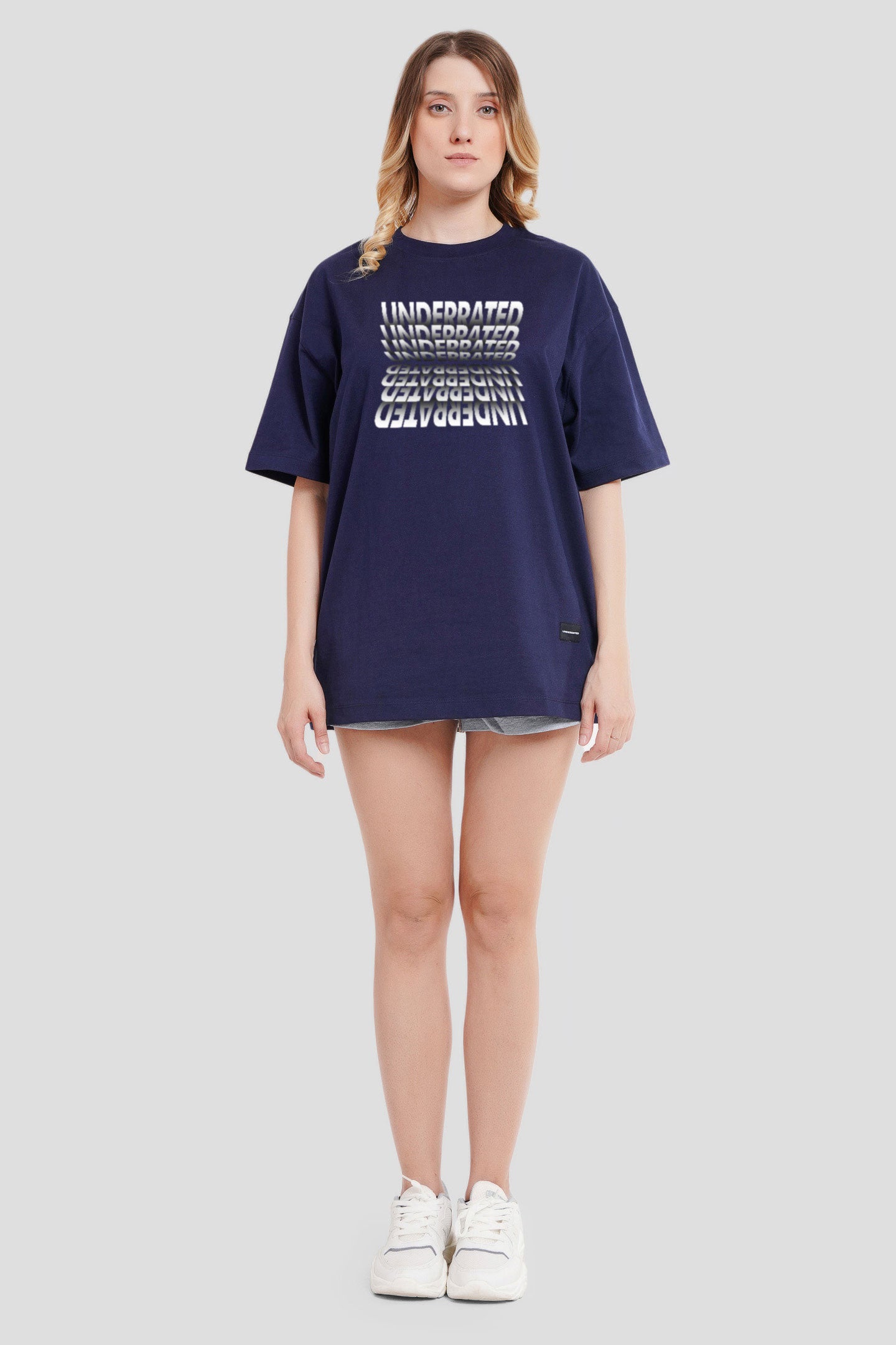 Underrated White Typography Navy Blue Printed T-Shirt