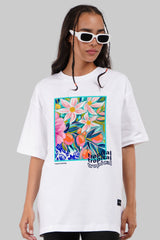 Tropical Flowers White Oversized Fit T-Shirt Women