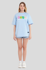 Pop It Drop It Powder Blue Printed T-Shirt Women Oversized Fit With Front Design Pic 1