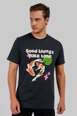 Good Things Take Time Black Regular Fit T-Shirt Men