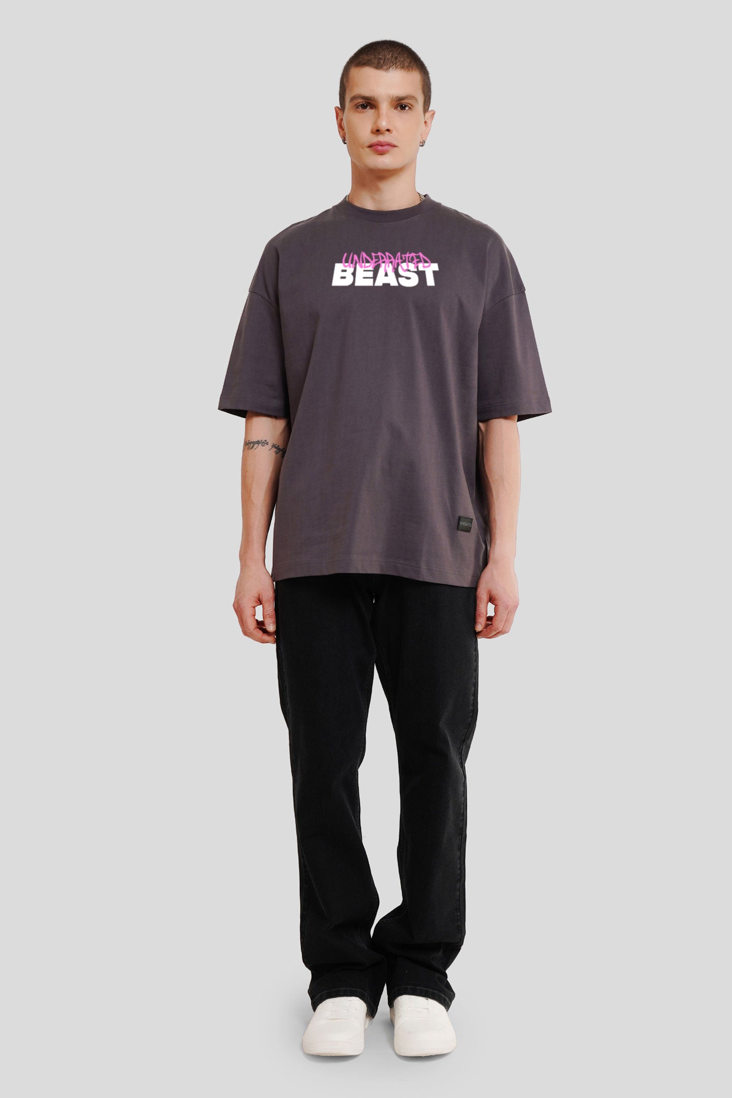 Beast Dark Grey Printed T Shirt Men Baggy Fit With Front Design Pic 4