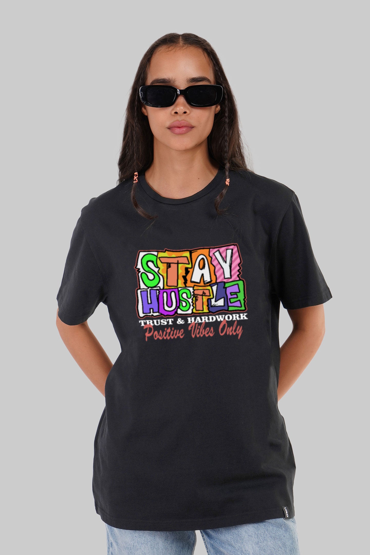 Stay Hustle Black Boyfriend Fit T-Shirt Women Pic 4