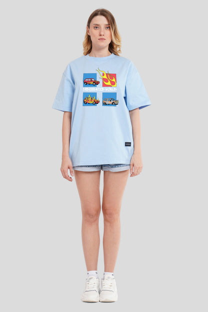 Underrated World Powder Blue Printed T-Shirt Women Oversized Fit With Front Design Pic 4