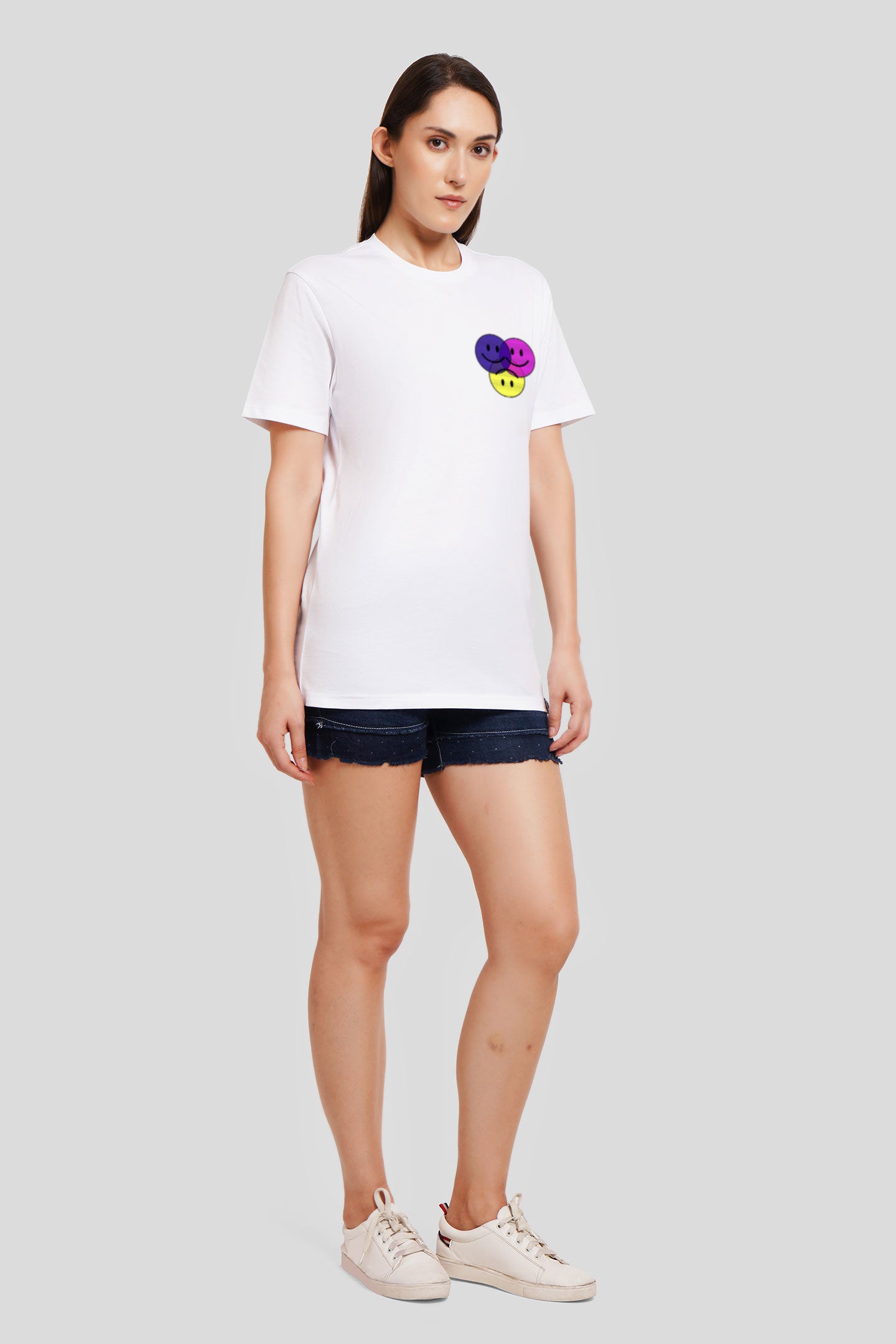 Three Smiley White Printed T-Shirt