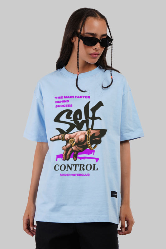 Self Control Powder Blue Printed T-Shirt Women Baggy Fit Pic 1