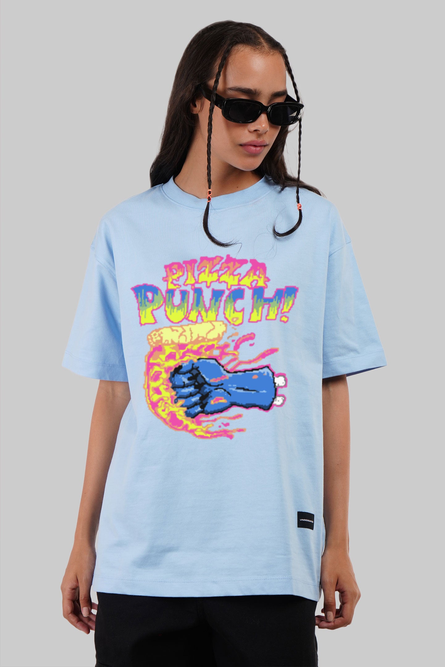 Pizza Punch Powder Blue Printed T-Shirt