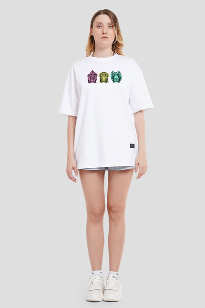 Wise Monkeys White Printed T-Shirt Women Oversized Fit