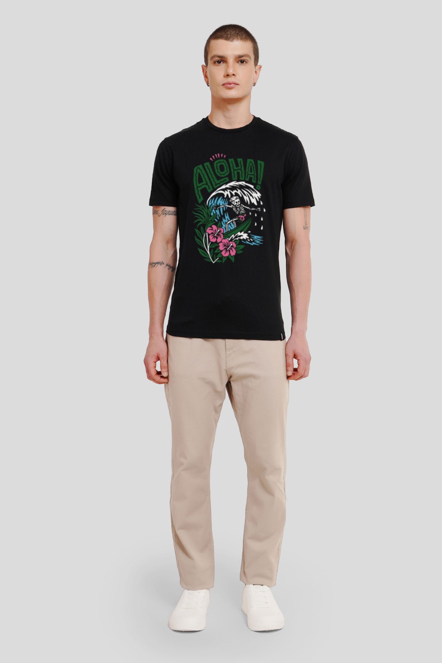 Aloha Black Printed T Shirt Men Regular Fit With Front Design Pic 4