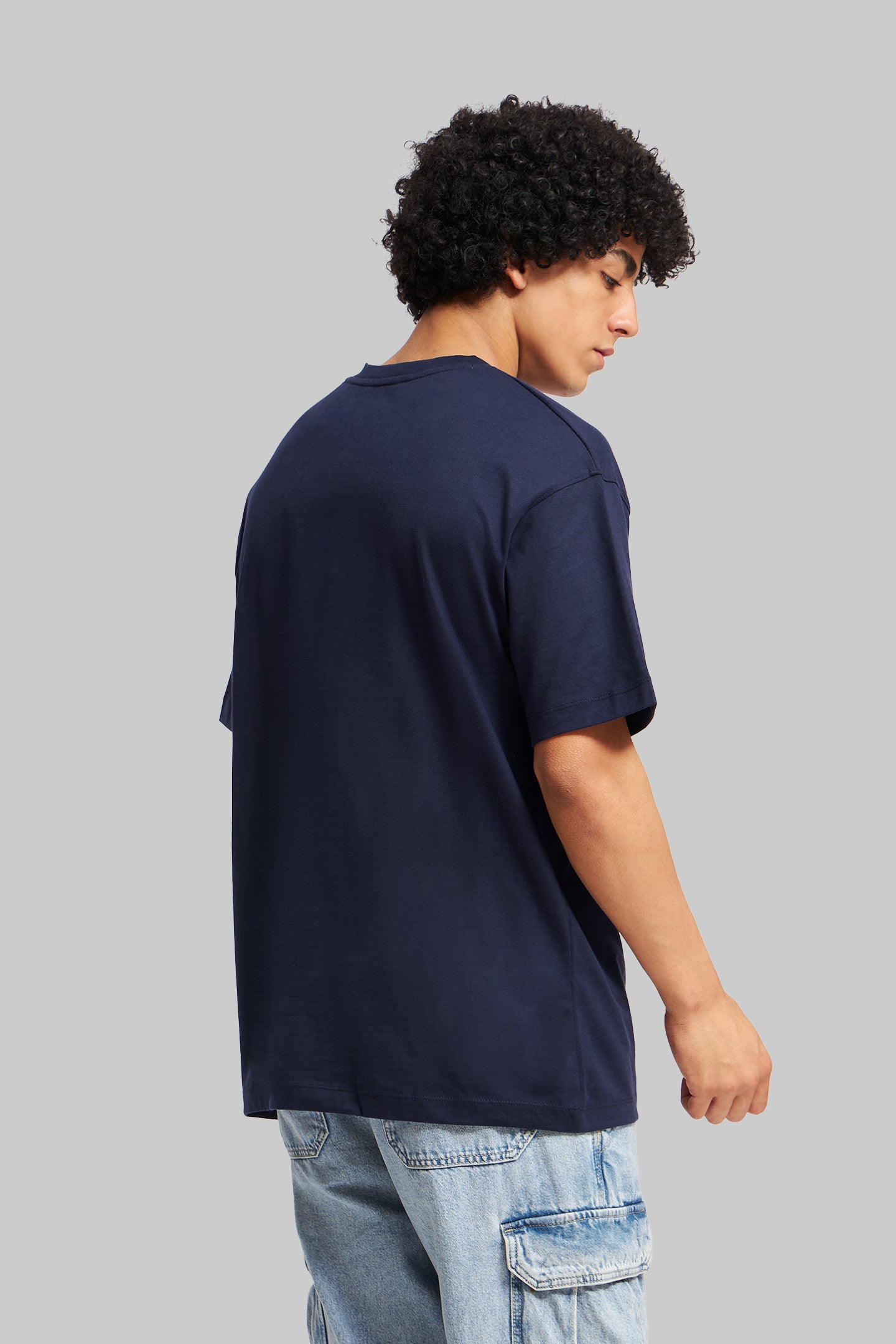 Solid Navy Blue Half Sleeves T-Shirt For Men Oversized Fit Pic 2