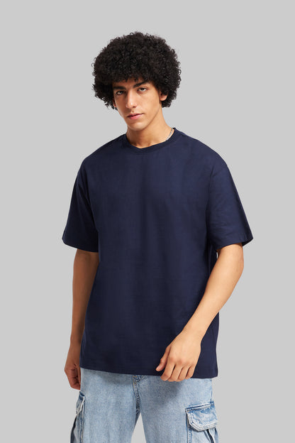 Solid Navy Blue Half Sleeves T-Shirt For Men Oversized Fit Pic 4