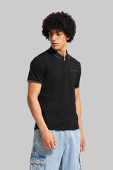 Black Zipper Placket Polo T-Shirt Pic 4