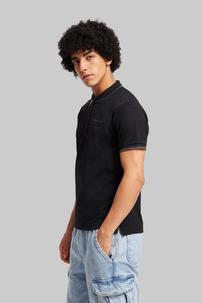 Black Zipper Placket Polo T-Shirt Pic 5