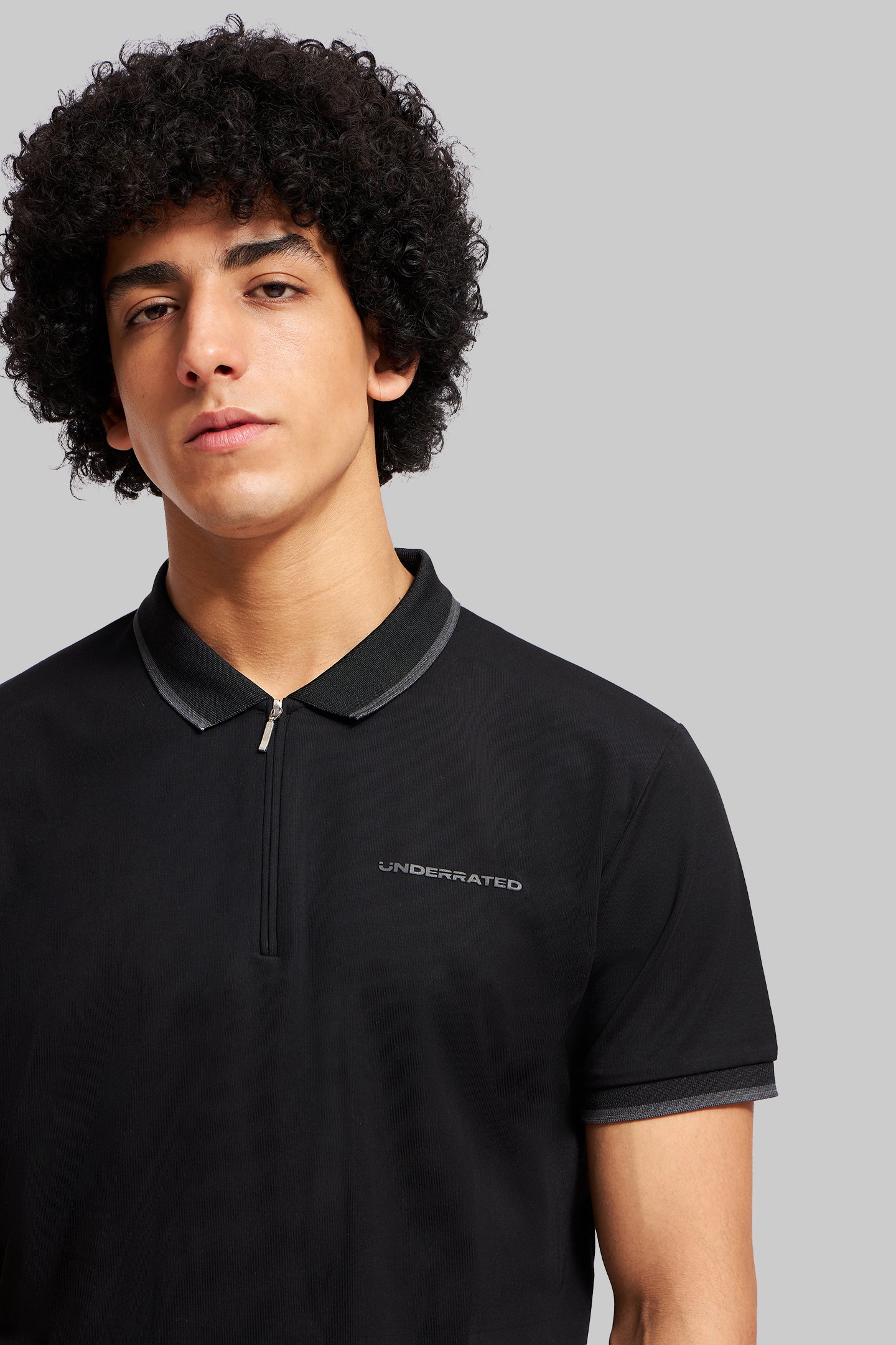 Black Zipper Placket Polo T-Shirt Pic 2