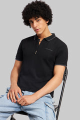 Black Zipper Placket Polo T-Shirt Pic 1