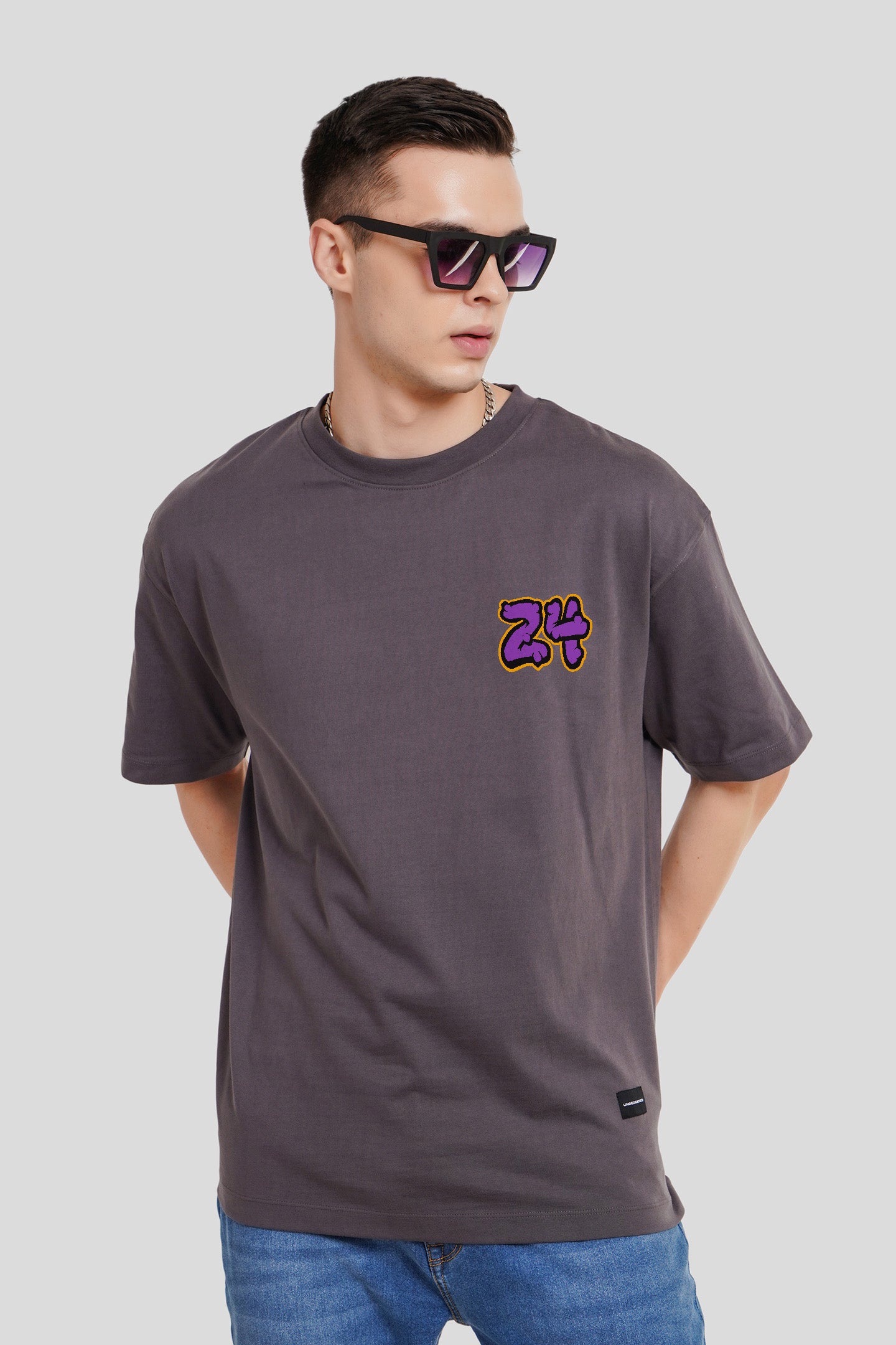 24 Dark Grey Printed Oversized T-Shirt