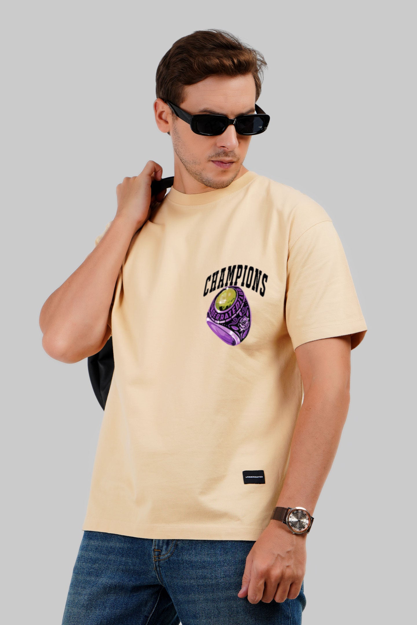 Underrated Champion Beige Oversized Fit T-Shirt Men