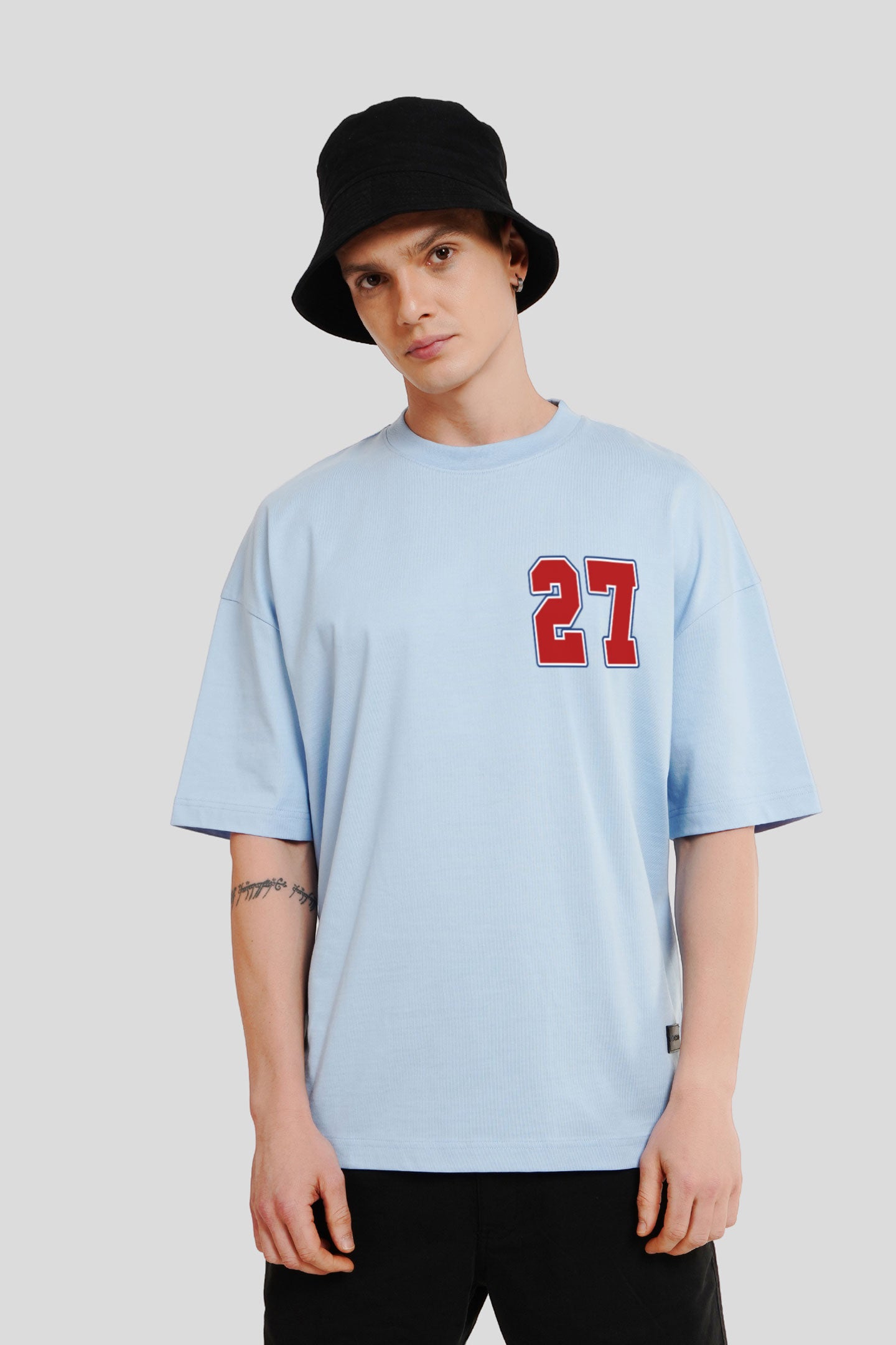 27 Powder Blue Printed T Shirt Men Baggy Fit With Front And Back Design Pic 1