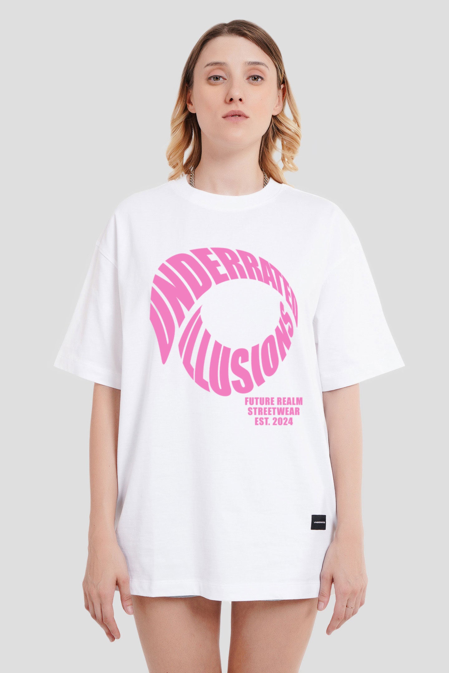 Underrated Illusions White Printed T-Shirt Women Oversized Fit