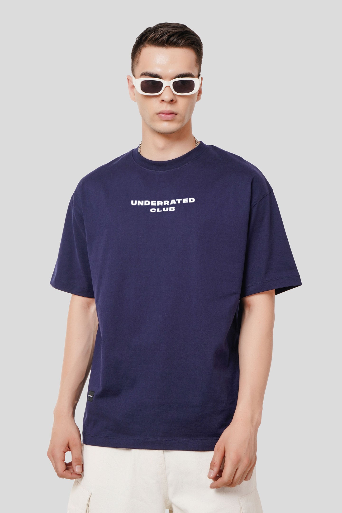 Underrated Vamps Navy Blue Printed T Shirt Men Oversized Fit With Front And Back Design Pic 1