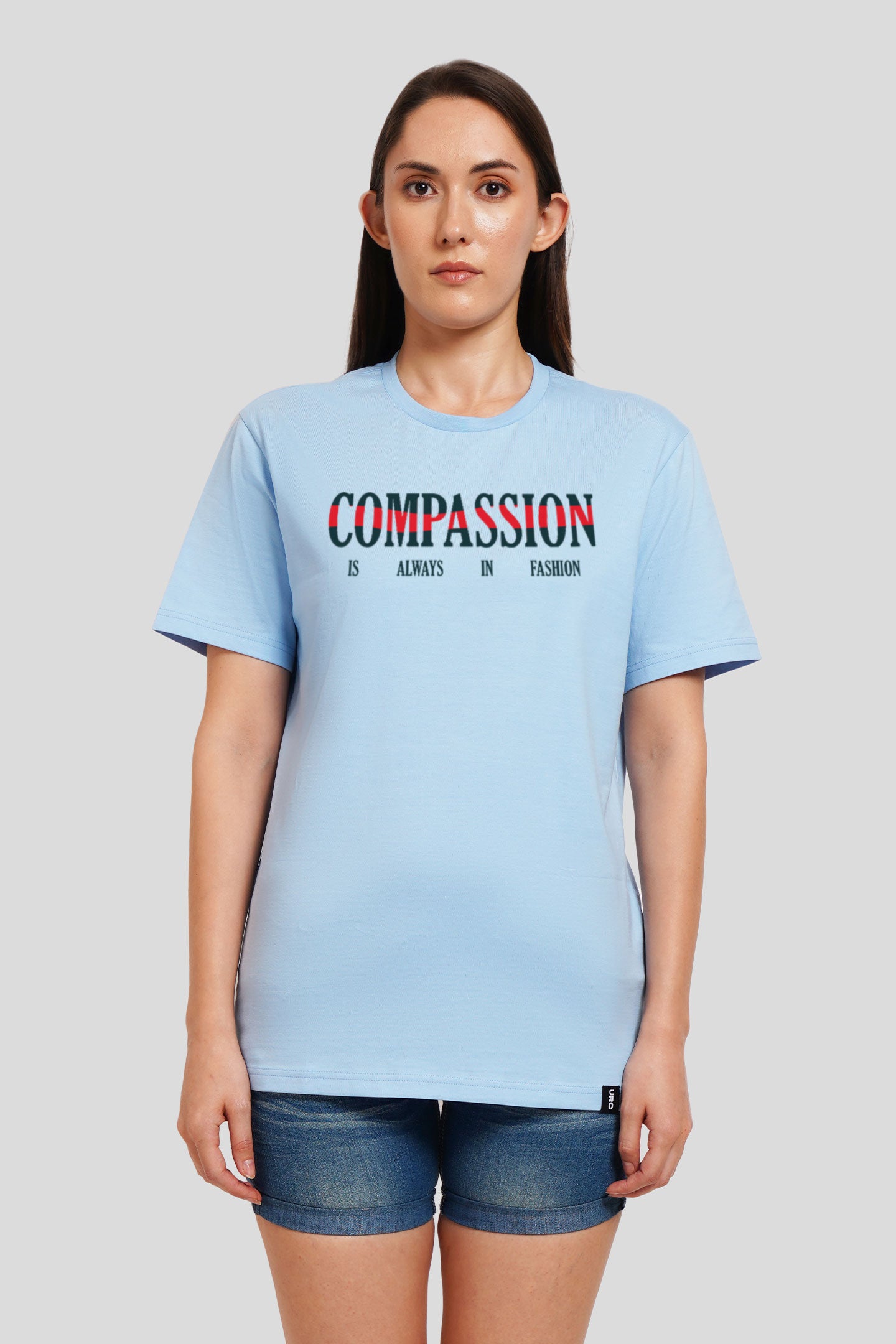 Compassion Powder Blue Printed T-Shirt Women Boyfriend Fit