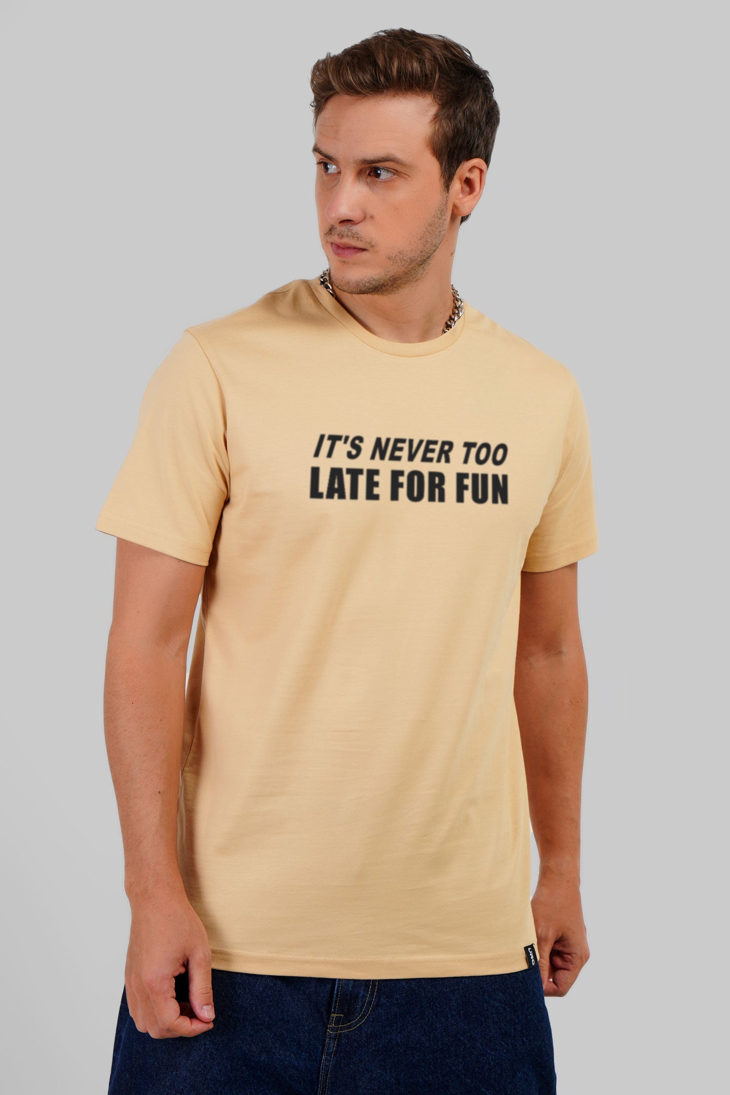 Never Too Late For Fun Beige Regular Fit T-Shirt Men