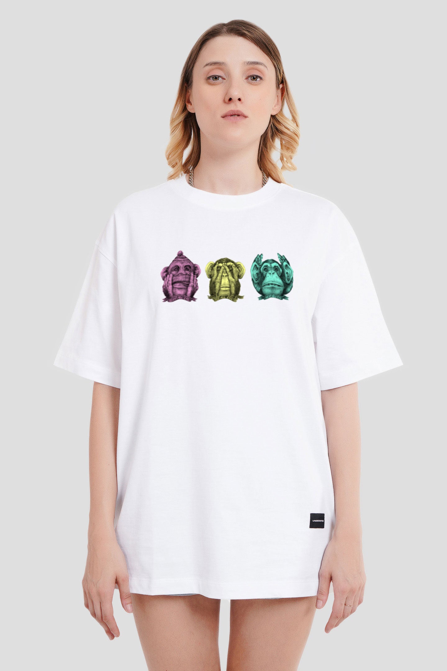 Wise Monkeys White Printed T-Shirt Women Oversized Fit