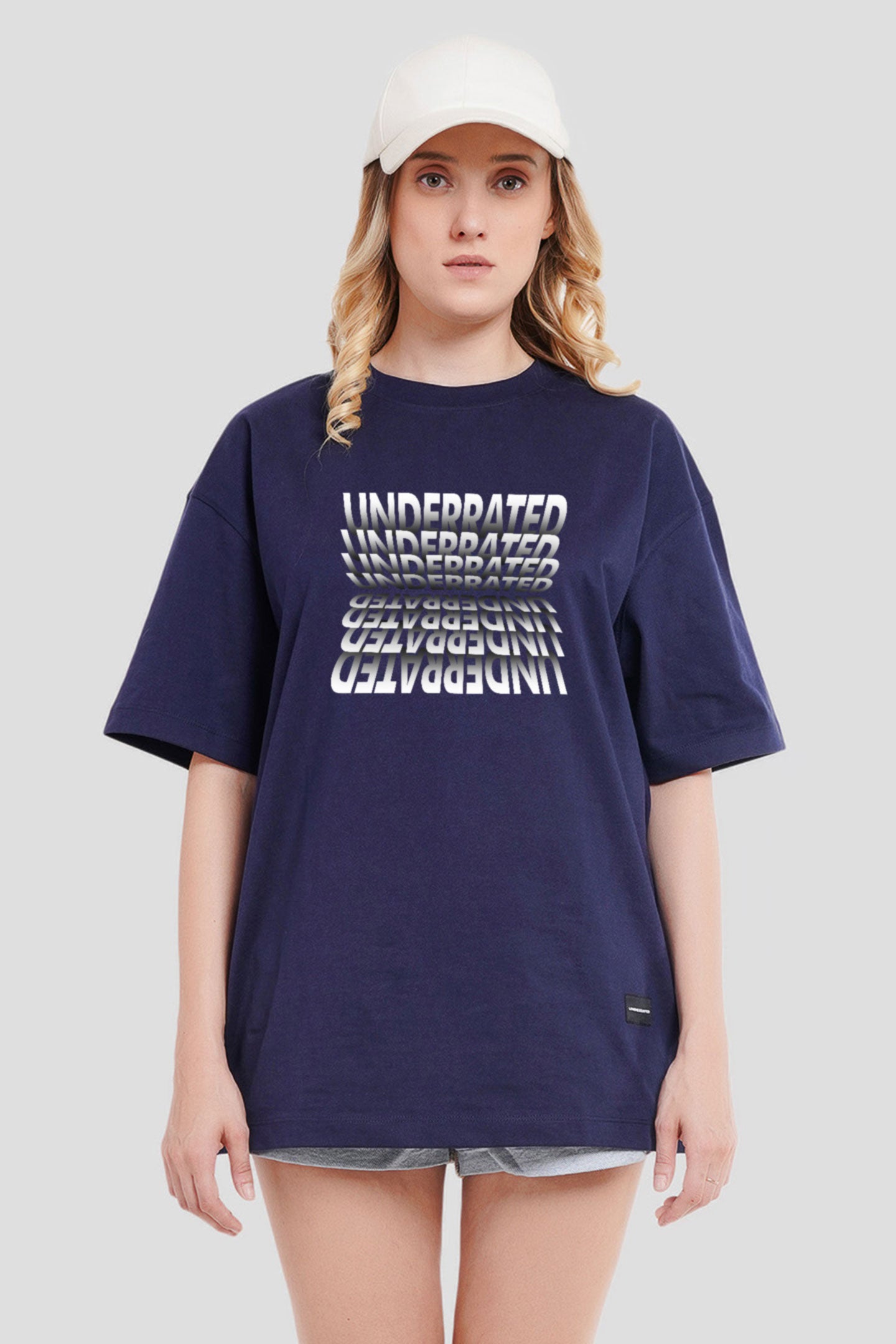 Underrated White Typography Navy Blue Printed T-Shirt