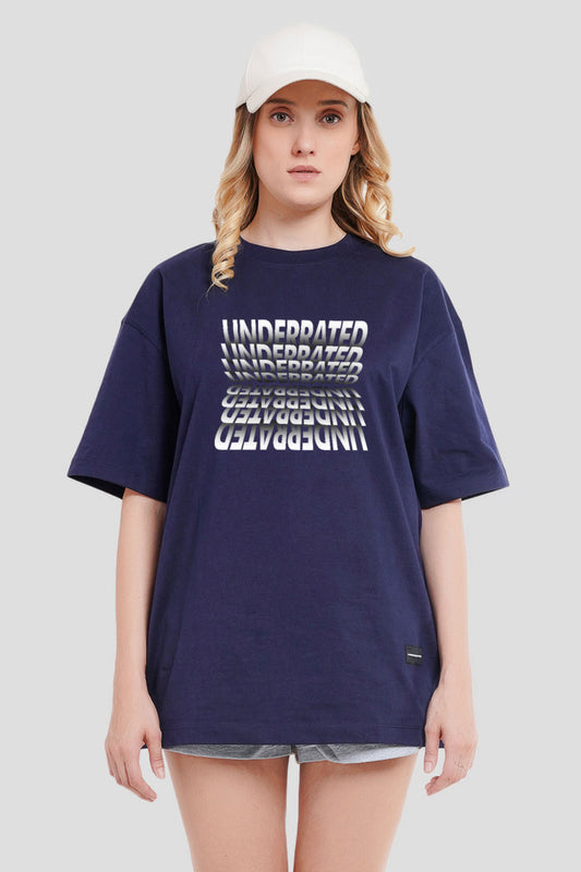 Underrated White Typography Navy Blue Printed T-Shirt