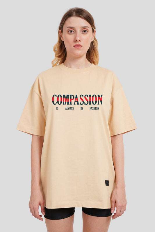 Compassion Beige Printed T-Shirt Women Oversized Fit With Front Design Pic 1