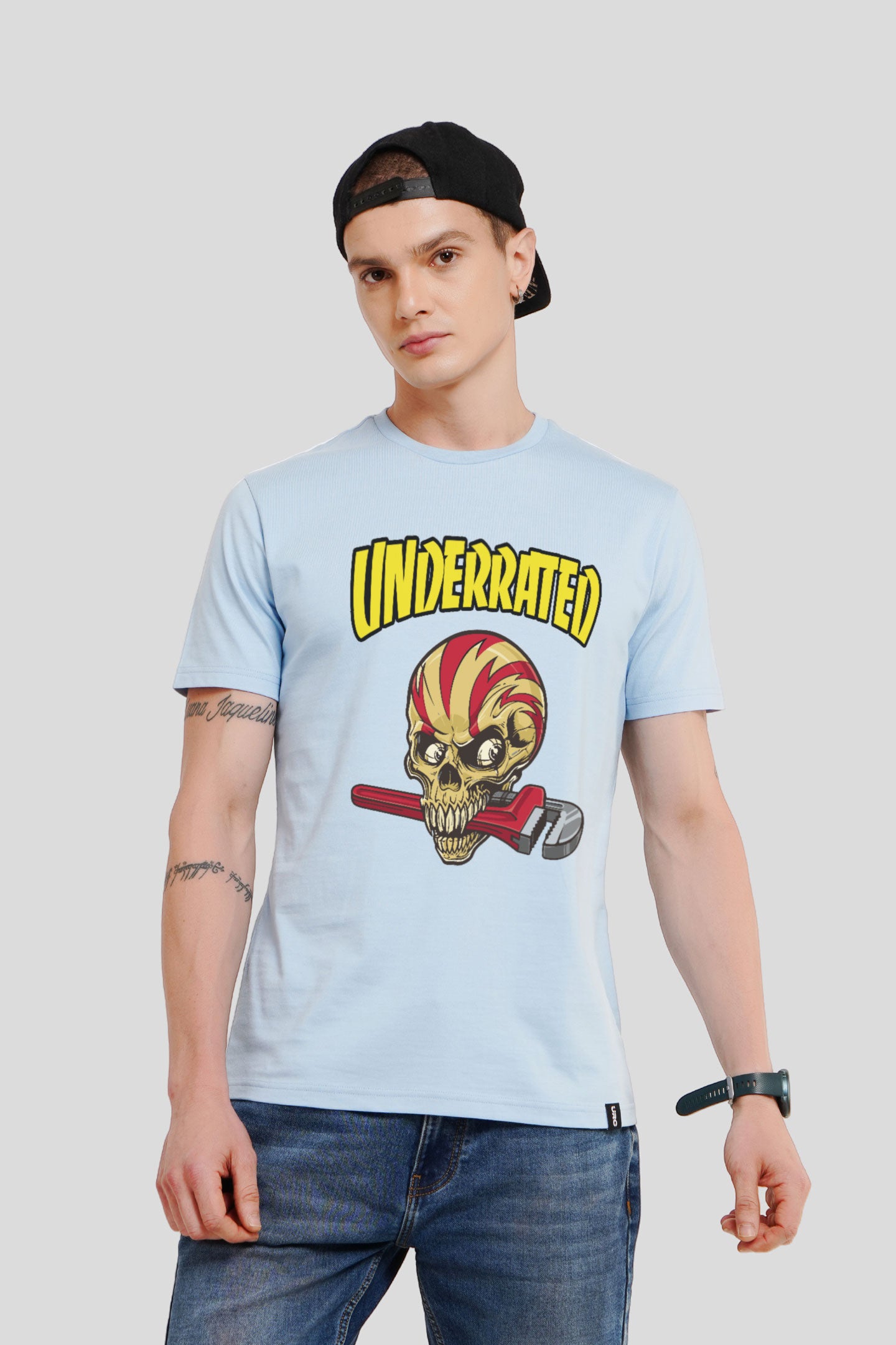 Underrated Skullanic Powder Blue Printed T-Shirt