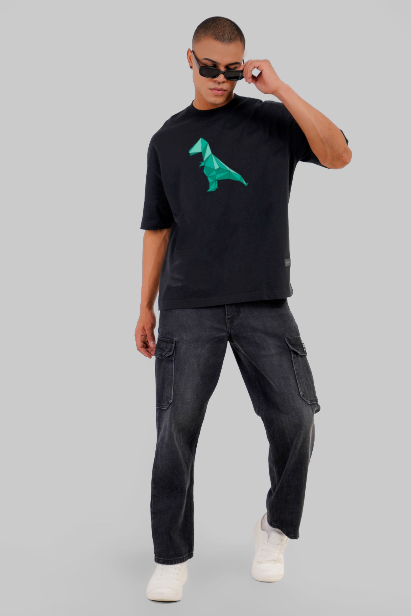 Origami Dinosaur Black Baggy Fit T-Shirt Men