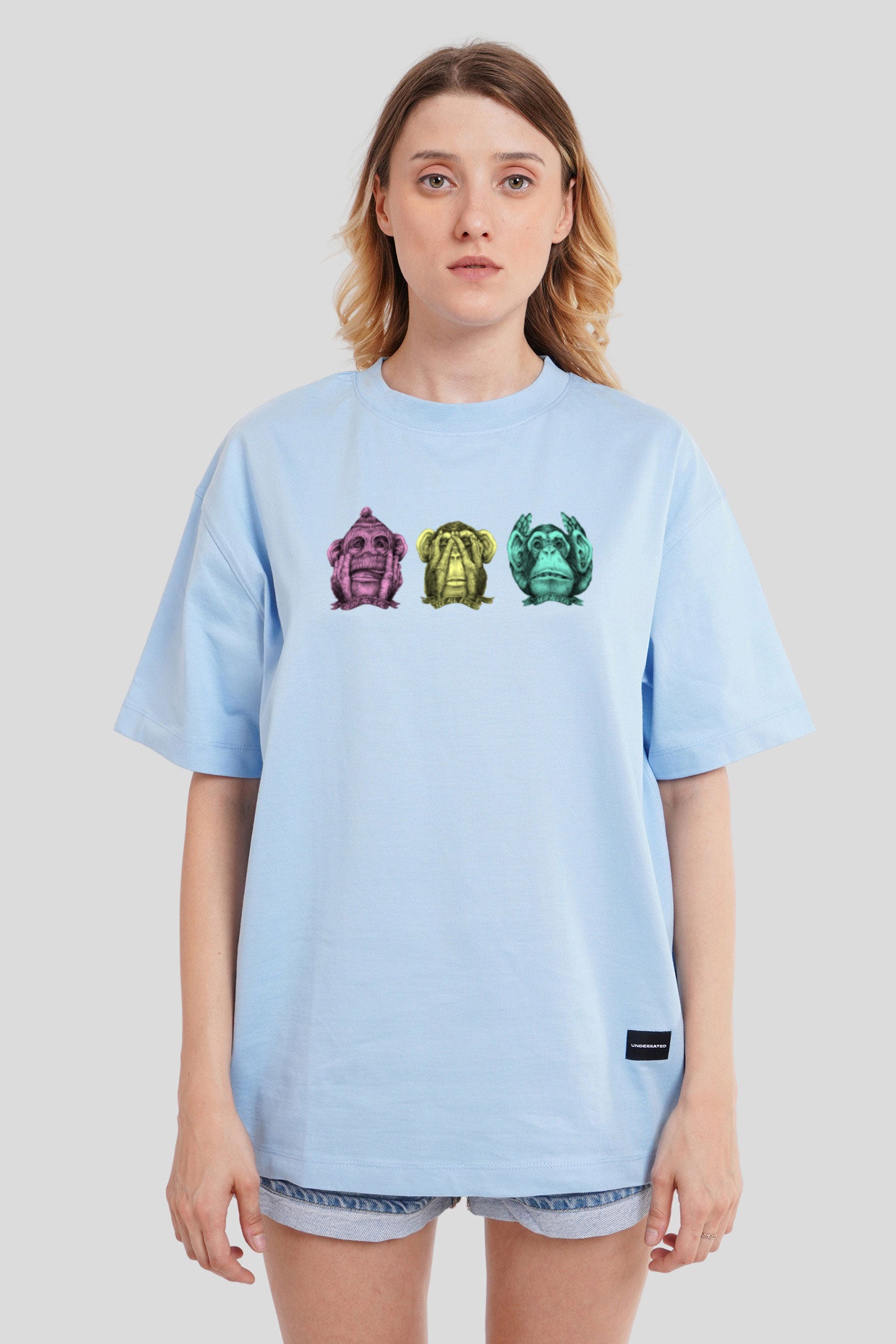 Wise Monkeys Powder Blue Printed T-Shirt