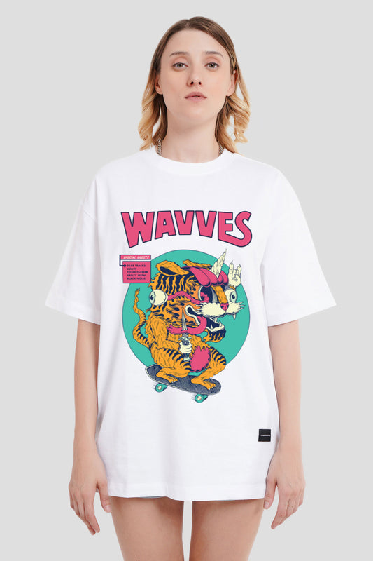 Wavves White Printed T-Shirt Women Oversized Fit