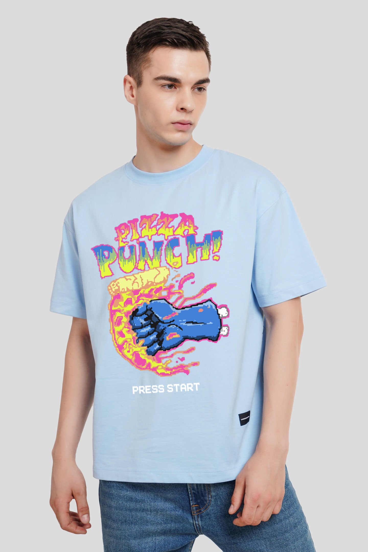 Pizza Punch Powder Blue Printed T Shirt Men Oversized Fit With Front Design Pic 1