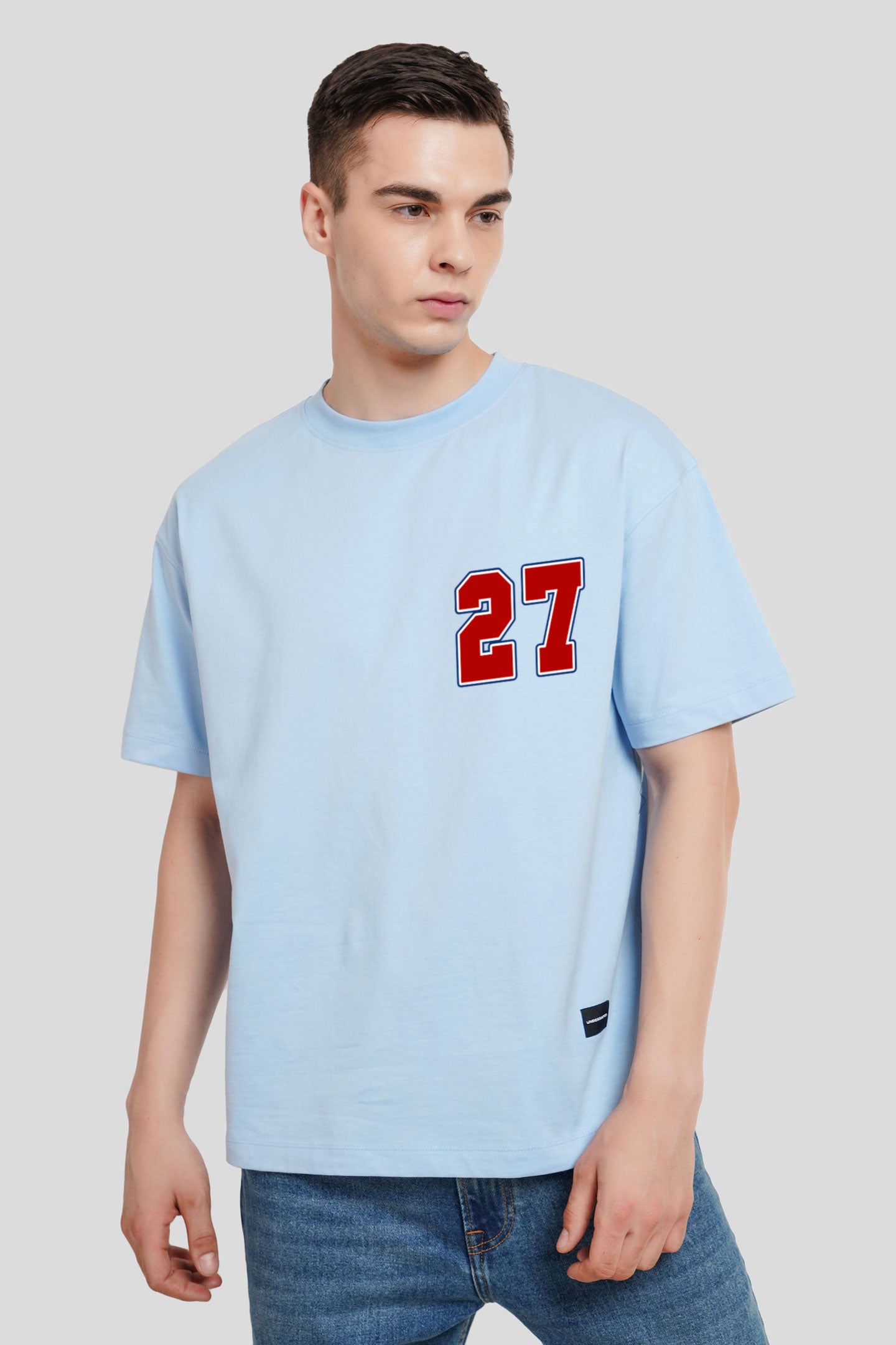 27 Powder Blue Printed T Shirt Men Oversized Fit With Front And Back Design Pic 1