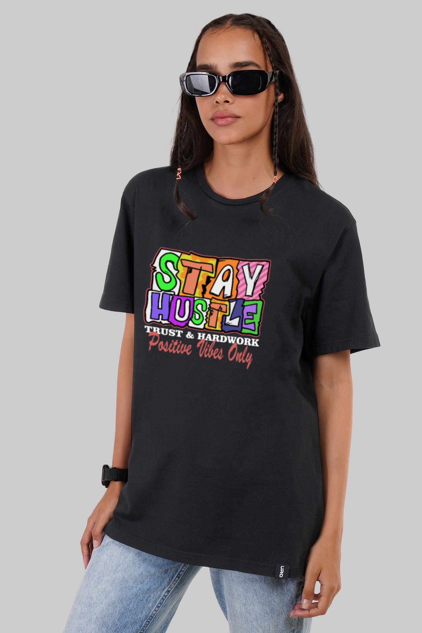 Stay Hustle Black Boyfriend Fit T-Shirt Women Pic 1