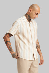 Beige Striped Textured Cuban Collar Shirt Pic 4